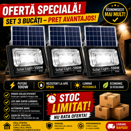 LAMPI SOLARE - INOVA SET 3 x Proiector LED Cu Panou Solar V, 100W, Control Prin Telecomanda, Senzor Crepuscular + Accesorii