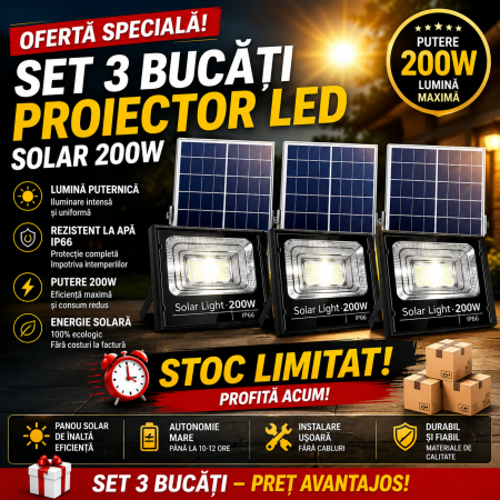 LAMPI SOLARE - INOVA SET 3 x Proiector LED Cu Panou Solar V, 200W, Control Prin Telecomanda, Senzor Crepuscular + Accesorii