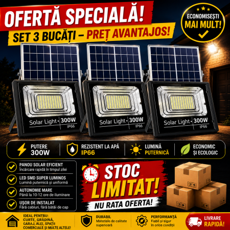 LAMPI SOLARE - JORTAN SET 3 x Proiector LED Cu Panou Solar V, 300W, Control Prin Telecomanda, Senzor Crepuscular + Accesorii