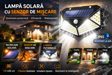 LAMPI SOLARE - Lampa Solară 100 LED-uri cu Senzor de Mișcare, Model Nou, Rezistentă la Apă, 3 Moduri de Iluminare, Autonomie Mare - Ideală pentru Grădină și Spații Exterioare”