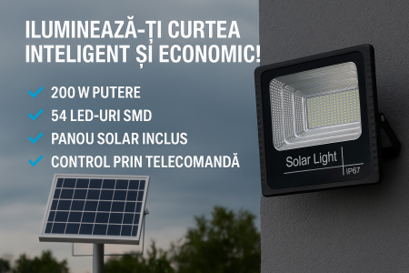 Lampa solara de exterior 200W, Proiector cu 54 LED SMD, cu Telecomanda si senzor lumina, panou solar inclus [1]
