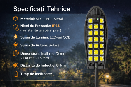 LAMPI SOLARE - Lampa solara stradala W7102A-7 cu 20 LED COB, senzor de miscare si telecomanda, protectie IP65, negru
