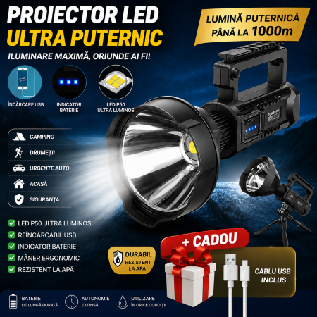 ACCESORII AUTO - Lanterna LED, reincarcabila, functie Powerbank, 4 moduri iluminare, trepied inclus