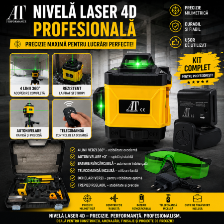 NIVELE  LASER - Nivela laser 4D cu 16 linii, 360°, Platforma de ridicare, cu autonivelare, Telecomanda, Lumina verde, Trepied 150 cm, Negru/GALBEN.