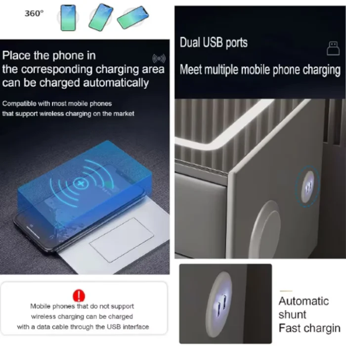 Noptieră Smart Multifuncțională Premium cu LED Tactil, Încărcare Wireless Qi, USB-C și Difuzor Bluetooth, 50 x 40x 46 cm [1]