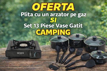 ACCESORII AUTO - OFERTA Plita cu un arzator pe gaz SI Set 13 Piese Vase Gatit CAMPING
