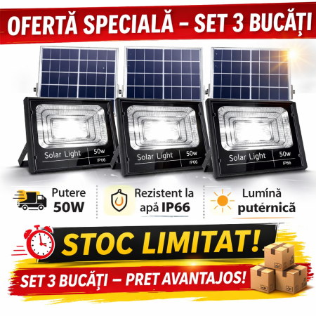LAMPI SOLARE - PACHET 3 X Proiector LED Cu Panou Solar , 50W, Control Prin Telecomanda, Senzor Crepuscular + Accesorii