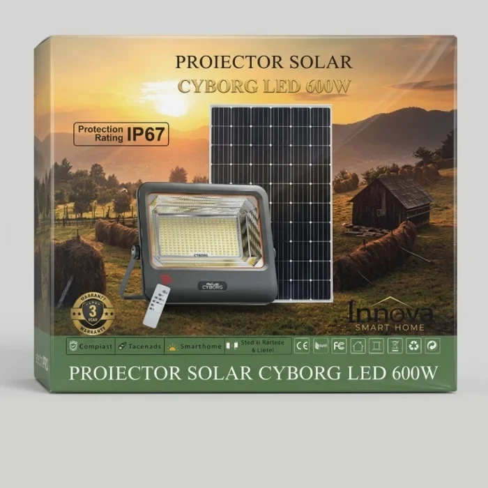 Proiector Solar LED 600W Innova Smart Home Cyborg, IP67, Panou Solar 35x29 cm și Telecomandă [2]