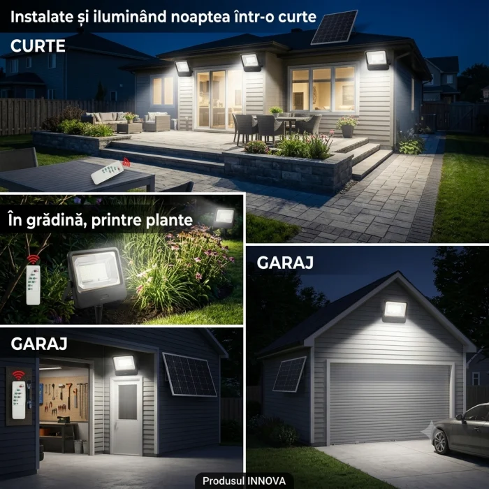 Proiector Solar LED 600W Innova Smart Home Cyborg, IP67, Panou Solar 35x29 cm și Telecomandă [1]