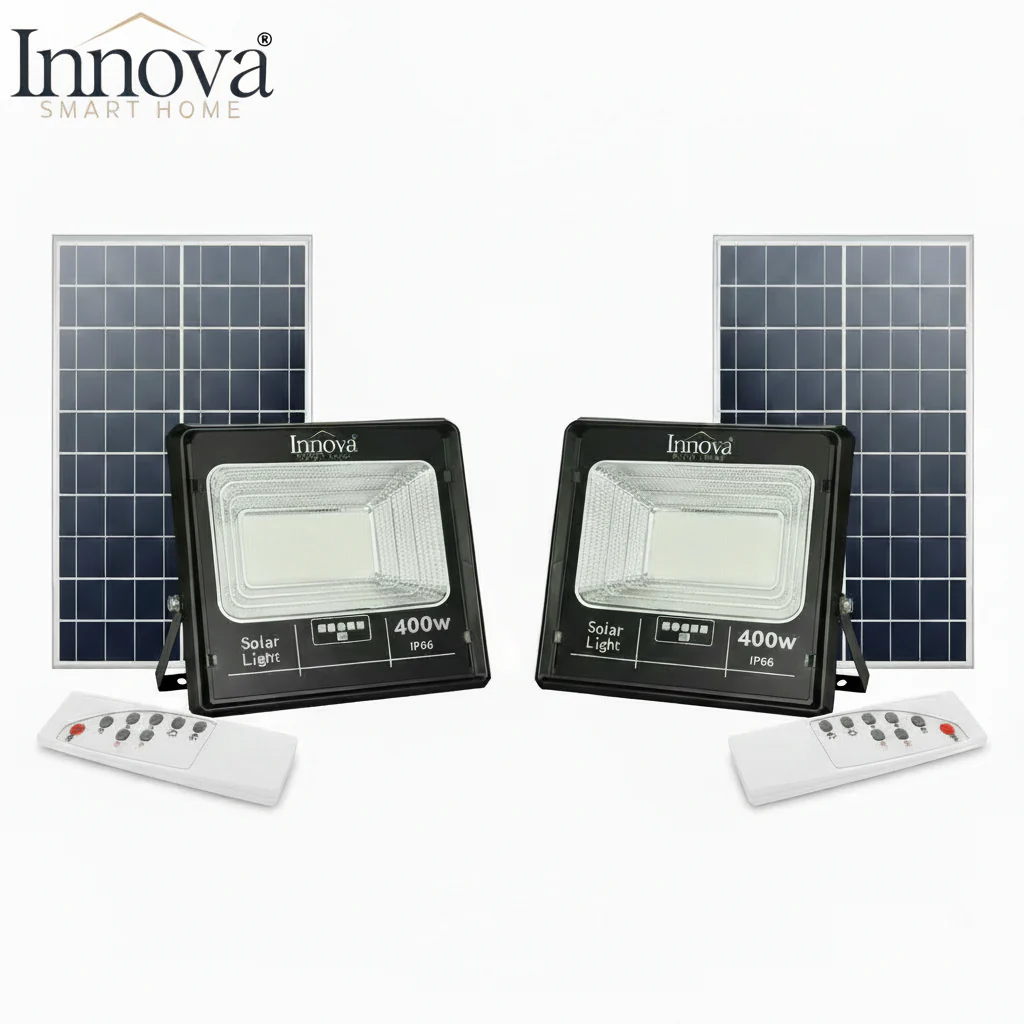 LAMPI SOLARE - Set 2 x Proiector LED INNOVA 400W Cu Panou Solar si telecomanda, IP66