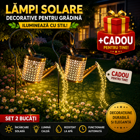 LAMPI SOLARE - CADOU + Set 2x Lămpi Solare LED Tip Stropitoare cu Stele, Fier Forjat, Design Retro, Proiecție Lumină Caldă, IP65, 80 cm