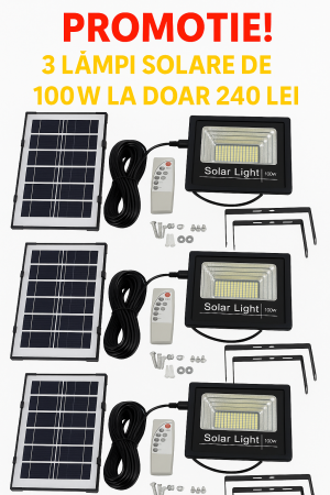 LAMPI SOLARE - SET 3 x Proiector LED Cu Panou Solar V, 100W, Control Prin Telecomanda, Senzor Crepuscular + Accesorii