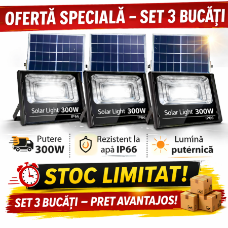 LAMPI SOLARE - SET 3 x Proiector LED Cu Panou Solar V, 300W, Control Prin Telecomanda, Senzor Crepuscular + Accesorii