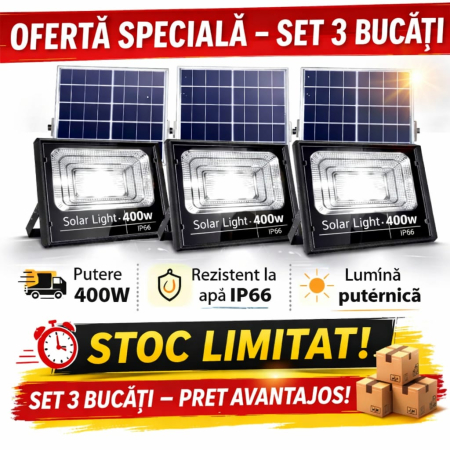 LAMPI SOLARE - SET 3 x Proiector LED Cu Panou Solar V, 400W, Control Prin Telecomanda, Senzor Crepuscular + Accesorii