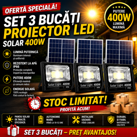 LAMPI SOLARE - SET 3 x Proiector LED Cu Panou Solar V, 400W, Control Prin Telecomanda, Senzor Crepuscular + Accesorii