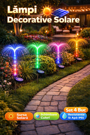 LAMPI SOLARE - SET 4 Lampi solare decorativa, tip palmier, pentru gradina, cu lumina LED RGB, fibra optica, 7 culori