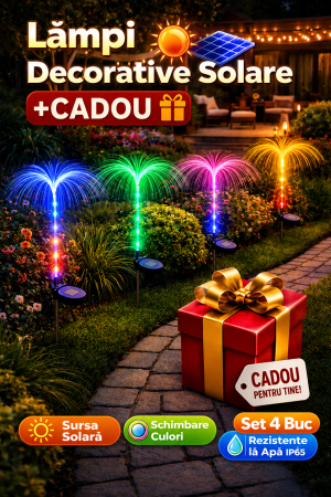 LAMPI SOLARE - CADOU  + SET 4 Lampi solare decorativa, tip palmier, pentru gradina, cu lumina LED RGB, fibra optica, 7 culori