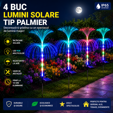 LAMPI SOLARE DECORATIVE - SET 4 LAMPI SOLARE TIP PALMIER CU 2 COROANE INALTIME 80 CM