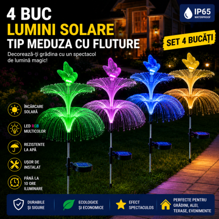 LAMPI SOLARE DECORATIVE - SET 4Lampi Solare cu Fluture si Doua Serii de Meduze, RGB, Multicolor, 80cm