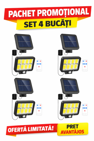 Set 4x Lampi Solare  160 LED COB, 8 Cadrane, Senzor Miscare, Panou Detașabil, IP66 + Telecomandă, [0]