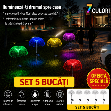 LAMPI SOLARE - SET 5 Lampi solare decorativa, tip meduza, pentru gradina, cu lumina LED RGB, fibra optica, 7 culori