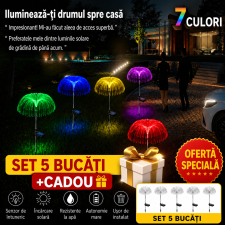 LAMPI SOLARE - CADOU + SET 5 Lampi solare decorativa, tip meduza, pentru gradina, cu lumina LED RGB, fibra optica, 7 culori