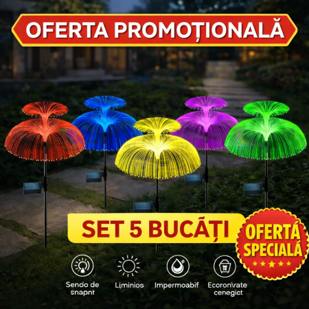 LAMPI SOLARE - SET 5 Lampi solare decorativa, tip meduza, pentru gradina, cu lumina LED RGB, fibra optica, 7 culori
