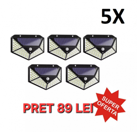 LAMPI SOLARE - SET 5 X Lampa Solara LED Senzor De Miscare 100 x LED, Alimentare Solara, Perete, LP-0020, Incarcare Solara