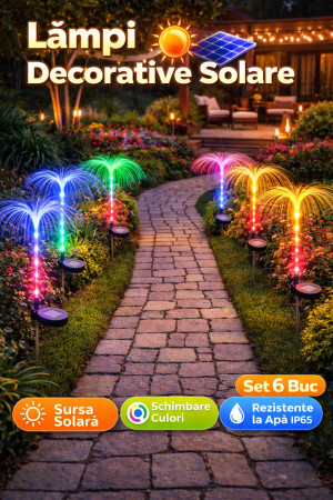 LAMPI SOLARE - SET 6 Lampi solare decorativa, tip palmier, pentru gradina, cu lumina LED RGB, fibra optica, 7 culori