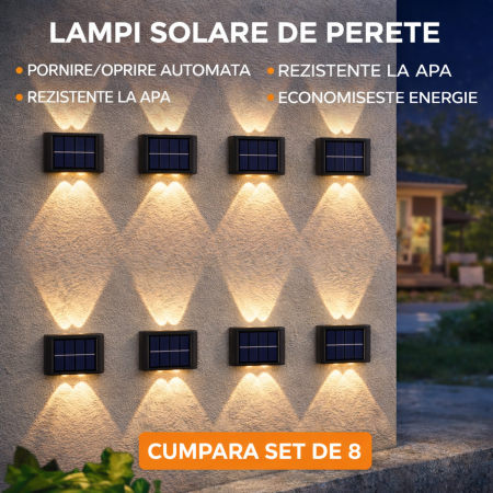 LAMPI SOLARE - Set 8 x Lampa de perete, Lumina Solara cu 4 Leduri, pentru Exterior, Senzor de miscare