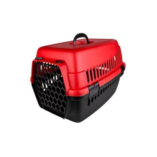 Cusca din plastic dur pentru transport animale companie, cu usa si maner, rosu-negru [1]
