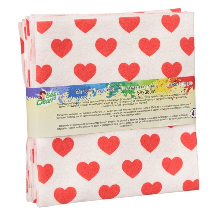 Lavete Netesute, Set 4 Bucati, Albe cu Inimi Rosii, Moi si Absorbante, 38x38cm [1]