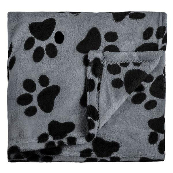 Patura pufoasa din fleece cu imprimeu labute, pentru caini si pisici, negru/ gri 100 x 140 cm [1]
