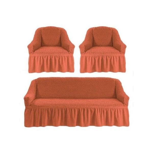 Set huse pentru canapea de 3 locuri si 2 fotolii din bumbac elasticizat si creponat 3-1-1 caramiziu (tile) [1]