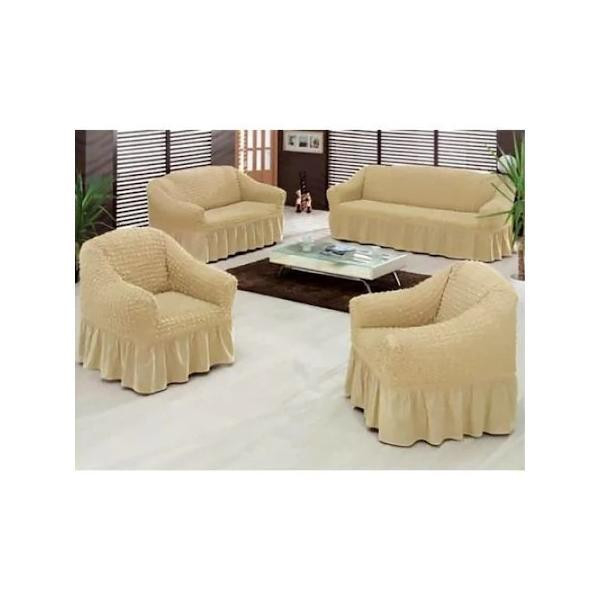Set huse pentru canapea de 3 locuri si 2 fotolii din bumbac elasticizat si creponat 3-1-1 natural (bej deschis) [1]