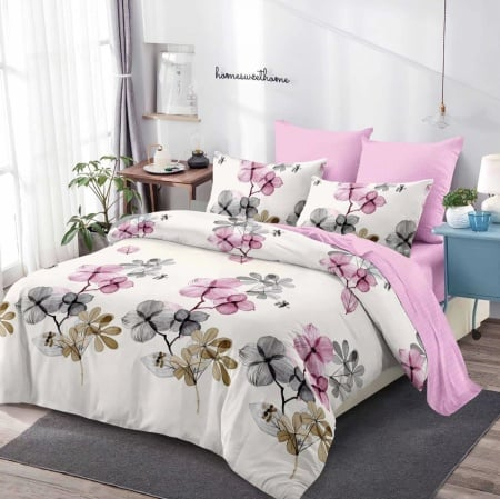 Set Lenjerie pat dublu, BUMBAC FINET, 6 piese,C-766 - Roz Cu Orhidee [2]