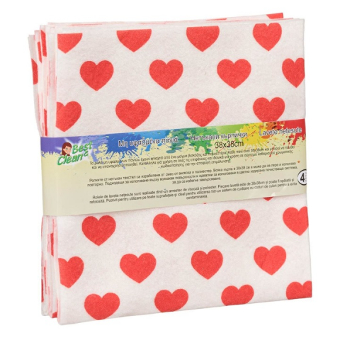 Produse Curatenie & Intretinere - Lavete Netesute, Set 4 Bucati, Albe cu Inimi Rosii, Moi si Absorbante, 38x38cm