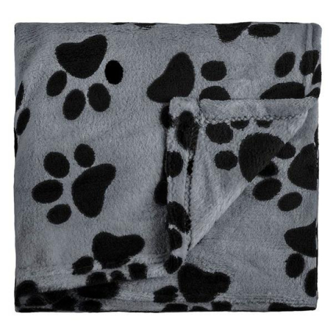 Home & Deco - Patura pufoasa din fleece cu imprimeu labute, pentru caini si pisici, negru/ gri 100 x 140 cm