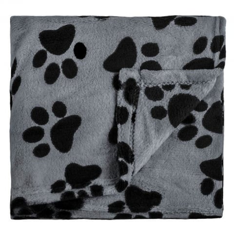 Pet Shop - Patura pufoasa din fleece maro cu imprimeu labute, pentru caini si pisici, negru/ bej, 100 x 140 cm