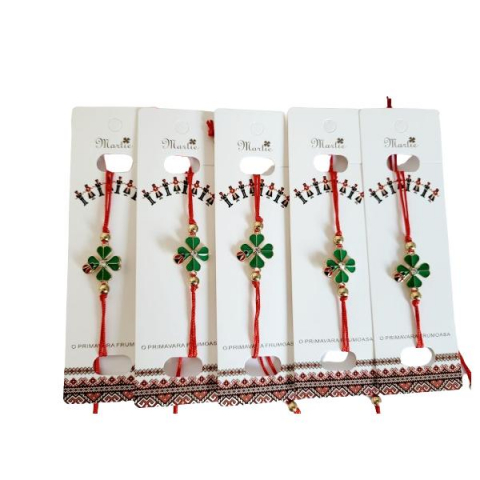 Accesorii Dama - Set 5 Martisor bratara, snur rosu reglabil, Trifoi cu buburuza