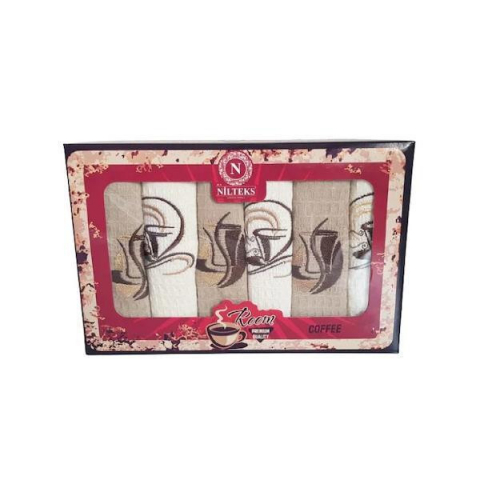 Home & Deco - Set 6 prosoape bucatarie, 100 % bumbac, model cafea, 30x50 cm