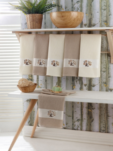 Home & Deco - Set 6 prosoape bucatarie, 100 % bumbac, model waffle, 30x50 cm, culoare bej