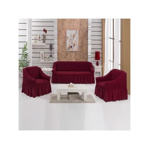 Home & Deco - Set huse pentru canapea de 3 locuri si 2 fotolii din bumbac elasticizat si creponat  3-1-1 bordo (rosu-visiniu)