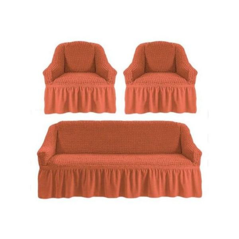 Home & Deco - Set huse pentru canapea de 3 locuri si 2 fotolii din bumbac elasticizat si creponat 3-1-1 caramiziu