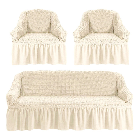 Home & Deco - Set huse pentru canapea de 3 locuri si 2 fotolii din bumbac elasticizat si creponat 3-1-1 ecru (crem-unt)