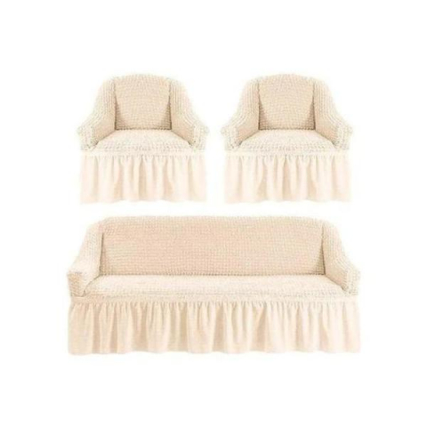 Home & Deco - Set huse pentru canapea de 3 locuri si 2 fotolii din bumbac elasticizat si creponat 3-1-1 ecru (crem-unt)