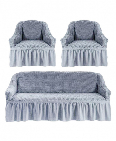 Home & Deco - Set huse pentru canapea de 3 locuri si 2 fotolii din bumbac elasticizat si creponat  3-1-1 gri deschis