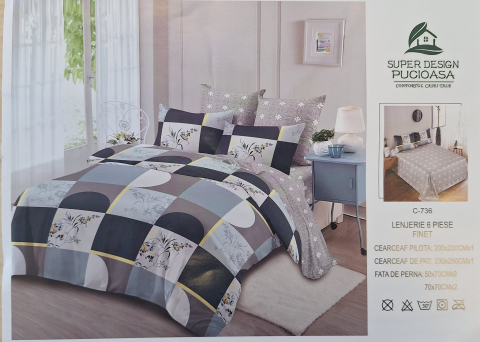 Home & Deco - Set Lenjerie pat dublu, BUMBAC FINET, 6 piese,C-736
