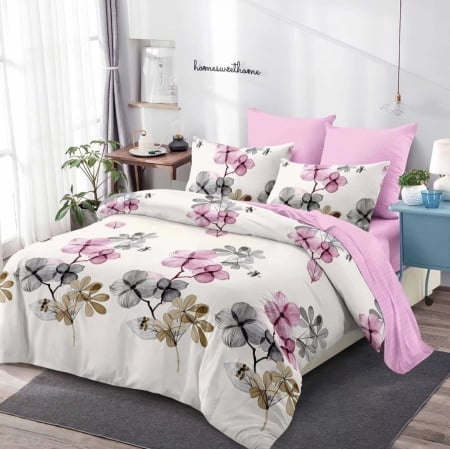 Set Lenjerie pat dublu, BUMBAC FINET, 6 piese,C-766 - Roz Cu Orhidee [1]