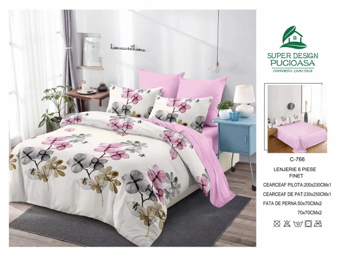 Home & Deco - Set Lenjerie pat dublu, BUMBAC FINET, 6 piese,C-766 - Roz Cu Orhidee
